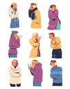 People feeling freeze wearing warm clothes set. Men and women trying to warm during winter or autumn season cartoon Royalty Free Stock Photo