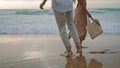 People feet walking sand beach at vacation. Unrecognizable couple stepping shore Royalty Free Stock Photo