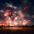 People in the field performing the firing of colorful fireworks against the night sky. New Year\'s fun and festiv Royalty Free Stock Photo