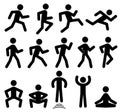 People figures in motion, running, walking, jumping vector black icons
