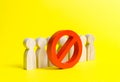 People figurines stand behind the red NO symbol on a yellow background. The concept of a ban on the expression of other opinions