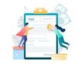 People filing tax form, vector illustration. Tax payment, income tax return filing deadline, taxation concept.