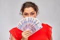 Happy woman holding euro money banknotes Royalty Free Stock Photo