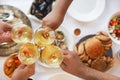 People fine dining seafood and white wine on the table