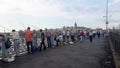 People fish from the Galata bridge in Istanbul. Royalty Free Stock Photo