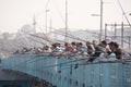 People fish from the Galata bridge, Istanbul Royalty Free Stock Photo