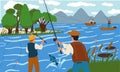 People fishing in river. Men catching fish with rods. Persons angling from shore or boat. Scenic nature landscape. Lake Royalty Free Stock Photo