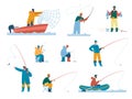 People fishing with rod on lake, fisherman catching fish with net. Fisher characters, fishermen ice fishing, summer Royalty Free Stock Photo