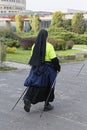 WROCLAW, POLAND - OCTOBER 15, 2017: People in fitness course nordic walking competition in the city park Royalty Free Stock Photo