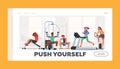 People Fitness Training in Gym Landing Page Template. Characters Exercising with Professional Equipment Doing Workout Royalty Free Stock Photo