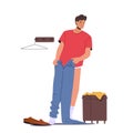 People Fitting Clothes in Store Concept. Young Male Character Dressing Up Trousers in Shop Cabin with Hangers and Couch