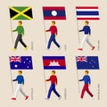 People with flags: Cambodia, Australia, New Zealand, Laos, Thailand, Jamaica