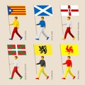 People with flags - Catalonia, Basque Country, Scotland, Northern Ireland, Flanders, Wallonia Walloon
