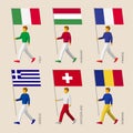 People with flags: France, Romania, Hungary, Italy, Switzerland, Greece