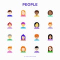 People flat icons set: smiling cartoon male and female heads. Avatars of people with different nationalities: caucasian, asian,