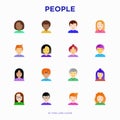 People flat icons set: smiling cartoon male and female heads. Avatars of people with different nationalities: caucasian, asian,