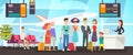 People in flight registration line flat vector illustration. Happy passengers standing in queue. Airport staff checking