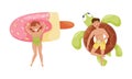 People floating on air mattresses in swimming pool set. Top view of girl and guy relaxing and sunbathing on inflatable