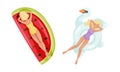 People floating on air mattresses in swimming pool set. Top view of girls relaxing and sunbathing on inflatable swan and