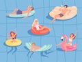 People floating pool. Summer relax at sea boys and girls swimming on rubber mattress vector sunbathing characters