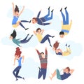 People Floating in the Sky, Happy Dreaming Boys and Girls Flying in the Air Cartoon Style Vector Illustration