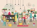 People in flower shop, flat vector illustration. Florist shop interior, seller, customer, potted plants. Floral business