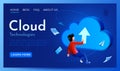 People fly around cloud sign. Hosting, cloud storage or data downloading concept. Landing page website template. Royalty Free Stock Photo