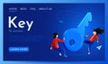 People fly around 3d key. Opportunity, solution or key to success concept. Landing page website template.
