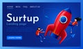 People fly around launching rocket. Startup, project launch or innovation concept. Landing page website template.