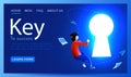 People fly around shiny keyhole. Opportunity, solution or key to success concept. Landing page website template.