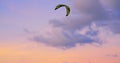 People fly kite on seashore. Pleasant pink sunset and kite hovering in the air will make the evening pleasant and