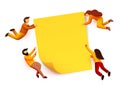 People flying around blank yellow sticky note. Team concept. Modern flat illustration Royalty Free Stock Photo