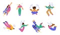 People flying with wings and rocket flat vector illustration isolated on white. Royalty Free Stock Photo