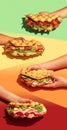 People with food. Hand holding bubble waffle sandwiches with colourful background. Fast food, take away. Snack. Party. Concept