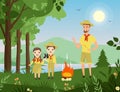 People forest camping hiking, young man, cute boy and girl scouts standing with camp fire Royalty Free Stock Photo