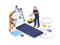 People in the form of mobile phone repair service workers do screen diagnostics and replacement 3d isometric vector illustration d Royalty Free Stock Photo