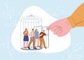 People freedom concept. Crowd exit from cage, giant hand opened door for women and men. Release and open new perspective