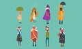 People Freezing Outside on Cold, Rainy and Windy Day, Autumn and Winter Season Vector Illustration