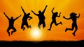 People friends jumping at sunset, silhouette vector.