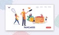 People Frying Flapjacks Landing Page Template. Tiny Male and Female Characters Cooking and Eating Homemade Pancakes