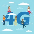 People with gadgets sitting on the big 4G symbol. Addicted to networks, people of young men and women using high speed wireless