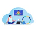 People with gadgets vector illustration, cartoon flat happy young woman character doing online yoga meditation with Royalty Free Stock Photo