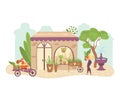 People in garden, greenery flat vector illustration with women gardeners bring plants on bike, take care of green herbs