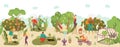 People in garden harvesting fruits crop and agriculture farming flat vector illustration, farmers harvest fall fruits Royalty Free Stock Photo