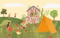 People in garden, picnic in backyard of country house, outside in summer nature with kids and tent flat vector