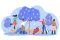 People gardeners working in garden vector illustration, cartoon flat man woman worker characters gardening, harvesting