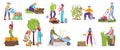 People in gardening activity vector illustration set, cartoon flat man woman gardener character doing garden job icons Royalty Free Stock Photo