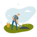 People gardening. Cartoon character working with farmer tools .