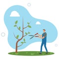 People gardening. Cartoon character working with farmer tools .gardener cutting bushes.flat vector illustration