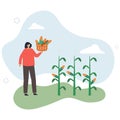 People gardening. Cartoon character working with farmer tools .harvesting corn.flat vector illustration